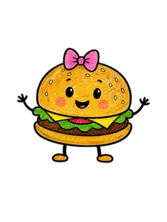 Cheeseburger, a smiling cheeseburger mascot with a pink bow